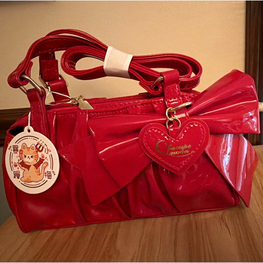 Red Patent Satchel Top Handle Crossbody Bag Bow Heart Charm Cat Tag